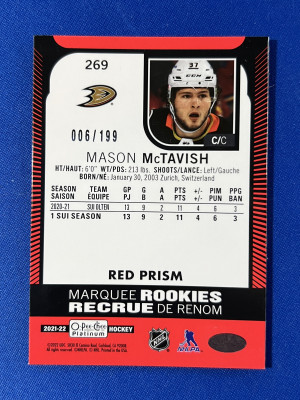 2021-22 OPC Platinum - Mason McTavish Marquee Rookies Red Prism /199 #269 back