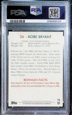 Kobe Bryant 2009-10 Bowman '48 1948 #36 PSA 10 HOF back