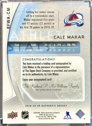 Cale Makar 2019-20 SP Authentic Retro Future Watch Auto 129/399 back