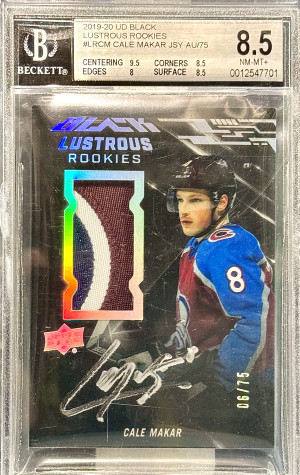 Cale Makar 2019-20 UD Black Lustrous Rookie Parch Auto 06/75 BGS 8.5 front