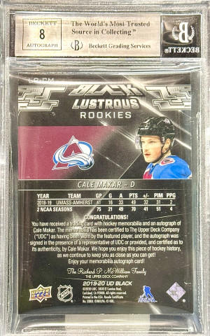 Cale Makar 2019-20 UD Black Lustrous Rookie Parch Auto 06/75 BGS 8.5 back