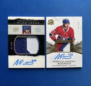 2020-21 UD The Cup - Alexander Romanov Exquisite Collection Limited Logos Rookie Auto Patch JERSEY-NUMBER RPA 27/50 #LLT-AR & Signature Materials Rookies Auto Patch /99 #SO-AR front