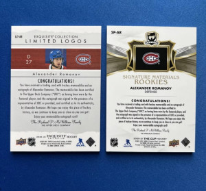 2020-21 UD The Cup - Alexander Romanov Exquisite Collection Limited Logos Rookie Auto Patch JERSEY-NUMBER RPA 27/50 #LLT-AR & Signature Materials Rookies Auto Patch /99 #SO-AR back