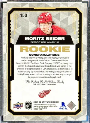 Moritz Seider 2021-22 Stature Portrait Rookie Patch Auto 07/15 back