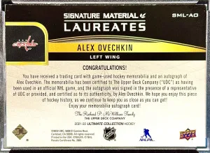 Alex Ovechkin 2021-22 Ultimate Signature Material Laureates Patch Auto 16/25 back