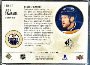 Leon Draisaitl 2020-21 SP Authentic Limited Auto Material Patch Auto 03/25 back