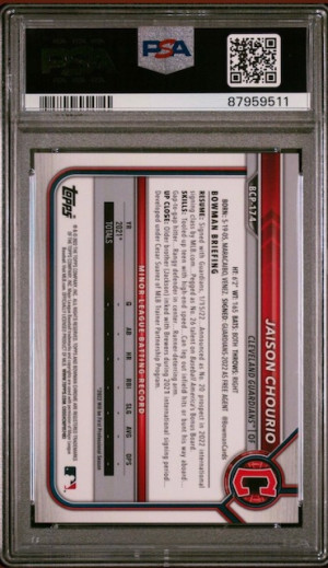 2022 BOWMAN CHROME SAPPHIRE JAISON CHOURIO ORANGE /75 PSA 10 back