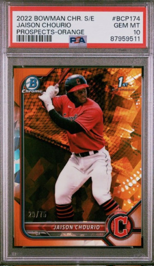 2022 BOWMAN CHROME SAPPHIRE JAISON CHOURIO ORANGE /75 PSA 10 front