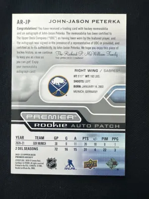 2021-22 Ultimate JJ Peterka RPA /249 Sabres back