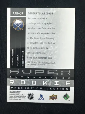 2021-22 UD Premier JJ Peterka Super Rookie Auto /99 Sabres back
