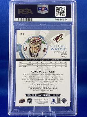 2017 SP Authentic Future Watch Auto #184 Adin Hill RC PSA 8 back