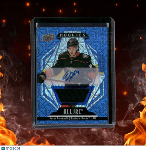 2022-23 Upper Deck Allure Jacob Perreault Blue Line Jersey Rookie Auto 08/75 front