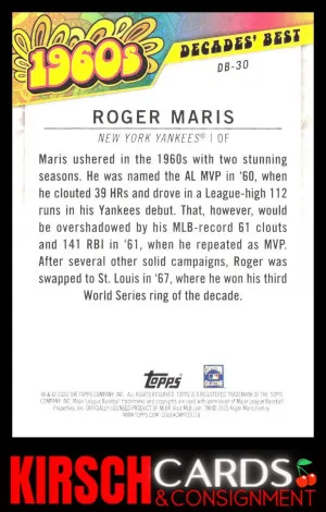 Roger Maris 2020 Topps #DB-30 Decades' Best (Series Two) New York Yankees back