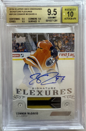 Connor Mcdavid Flexures 2018 Upper Deck BGS 9.5 HARD SIGNED ON CARD AUTO GAME USED STICK POP 1 front