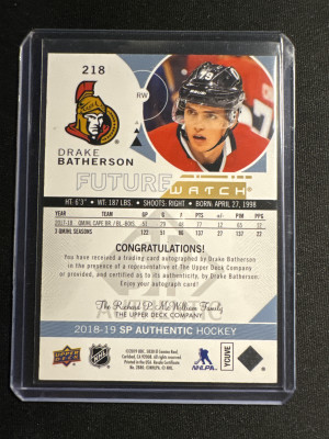 2018-19 SP Authentic Drake Batherson Future Watch Auto /999 back