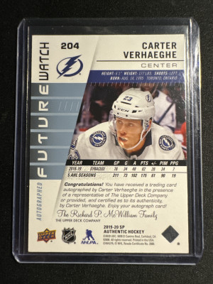 2019-20 SP Authentic Carter Verhaeghe Future Watch Auto /999 back