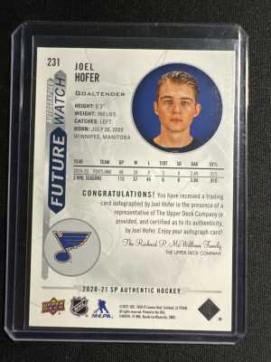 2020-21 SP Authentic Joel Hofer Future Watch Auto /999 back
