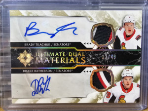 2018-19 Upper Deck Hockey Ultimate Dual Materials Autographs 12/49 Drake Batherson Brady Tkachuk #DM-TB 3clr Patch front