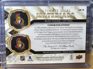 2018-19 Upper Deck Hockey Ultimate Dual Materials Autographs 12/49 Drake Batherson Brady Tkachuk #DM-TB 3clr Patch back