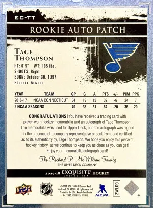 Tage Thompson 2017-18 Exquisite Collection Rookie Jumbo Patch Auto 13/32 back