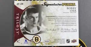 Bobby Orr 2015-16 UD Trilogy Hockey Signature Pucks #SP-OR NRMT+ back