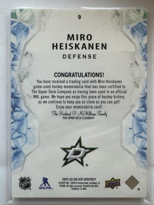 Miro Heiskanen 6/15 Game used Jersey Upperdeck Ice back
