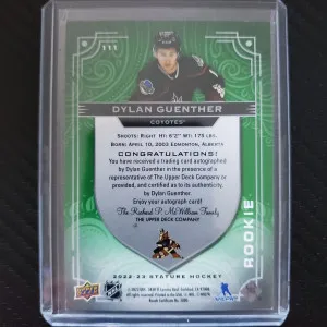 Dylan Guenther Green /65 Rookie Auto 2022-23 Stature 111 Arizona Coyotes back