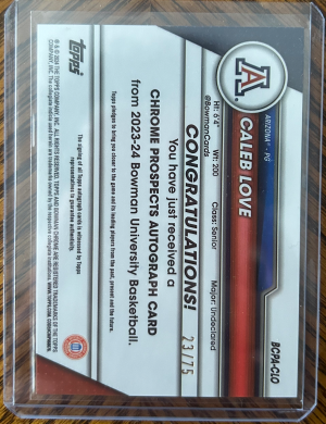 2024 Topps Bowman Chrome University Caleb Love AUTO /75 Gold Refractor back
