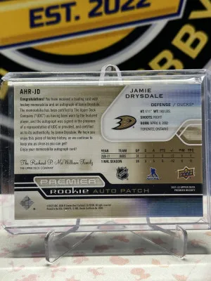 Jamie Drysdale Premier Rookie Auto Patch /25 back