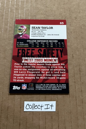 Sean Taylor 2004 Topps Finest Rookie Card # 65 back