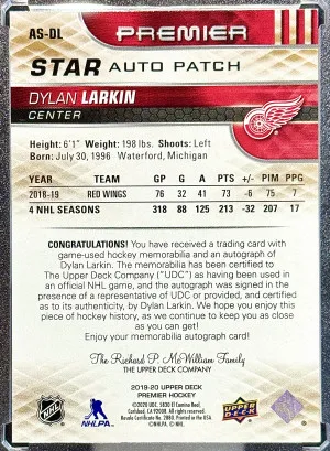 Dylan Larkin 2019-20 Premier Gold Spectrum Star Auto Patch 5/5 back