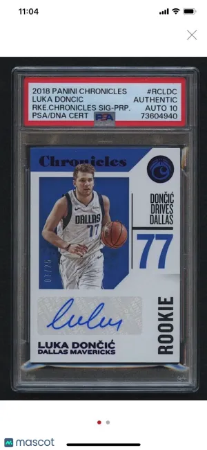 Luka Doncic 2018-19 Panini Chronicles Rookie Signatures #23 Purple RC #07/25. 10 front