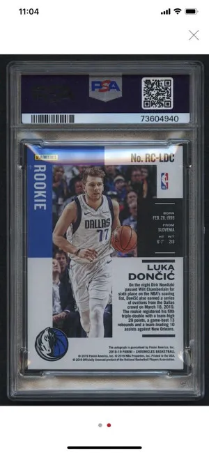 Luka Doncic 2018-19 Panini Chronicles Rookie Signatures #23 Purple RC #07/25. 10 back