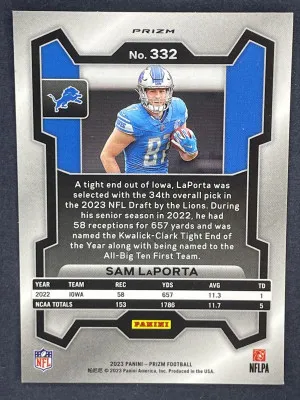 2023 Panini Prizm Orange Lazer Sam LaPorta Rookie back