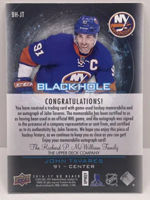 2016-17 UD Black New York Islanders #BH-JT Blackhole Patch Auto back