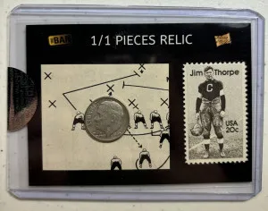 2020 The Bar Pieces of the Past Jim Thorpe 1/1 Stamp 1960 Roosevelt Dime 1963 NFL Training Booklet Relic front