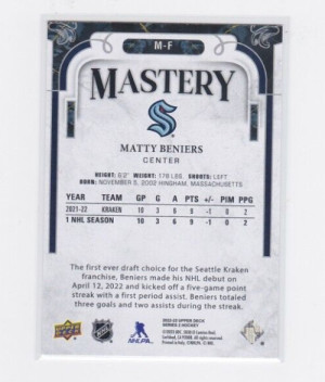Matty Beniers 2022-23 Upper Deck Series 2 - Mastery - Achievement #M-F back
