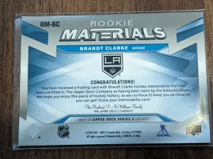 BRANDT CLARKE 2022-23 UPPER DECK ROOKIE MATERIALS RC JERSEY back