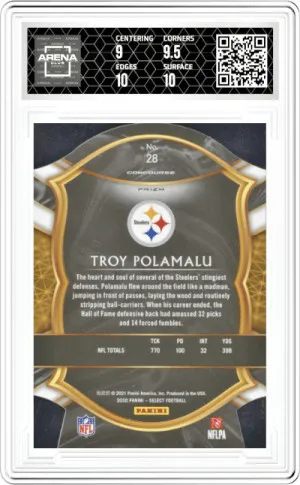 Troy Polamalu #28 2020 Panini Select Die-Cut Purple Prizm Steelers Graded AC 9.5 back