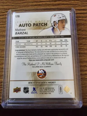 2016-2017 SP Authentic Mathew Barzal Future Watch Auto Patch 72/100 back