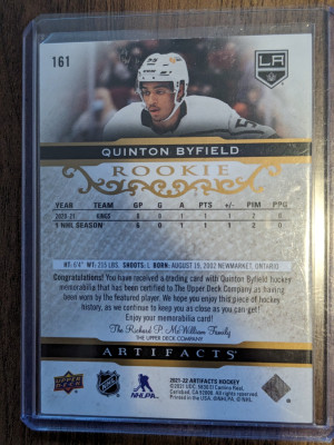 Quinton Byfield rookie dual jersey artifacts back