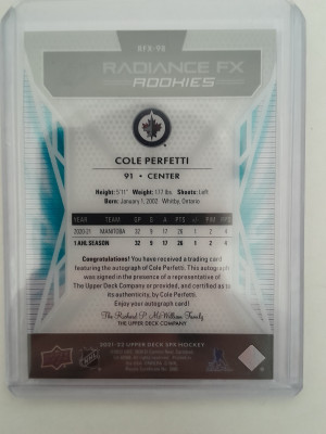 Cole Perfetti Radiance Rookie Auto /15 back
