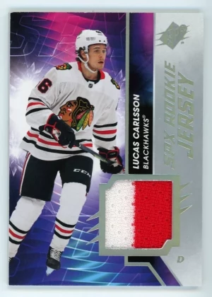2020-21 SPx LUCAS CARLSSON Rookie Card JERSEY 2-COLOR PATCH Chicago Blackhawks front