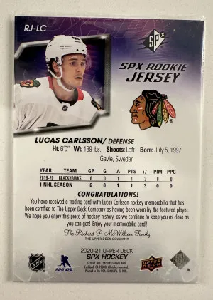 2020-21 SPx LUCAS CARLSSON Rookie Card JERSEY 2-COLOR PATCH Chicago Blackhawks back