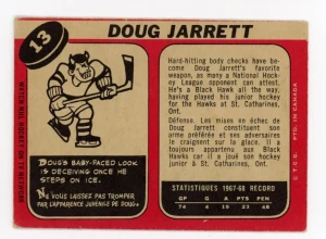 1968-69 OPC O-Pee-Chee #13 DOUG JARRETT Chicago Blackhawks VG/EX Vintage CARD back