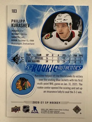 2020-21 Upper Deck SP #103 PHILIPP KURASHEV Chicago Blackhawks BLUE Rookie RC back