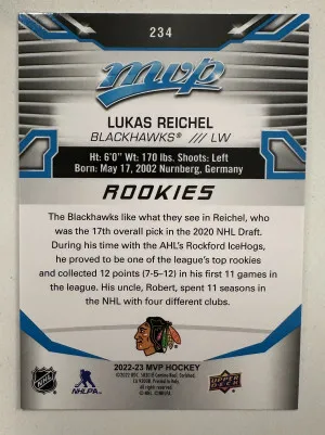 2022-23 Upper Deck MVP #234 Lukas Reichel - Chicago Blackhawks ROOKIE CARD RC SP back