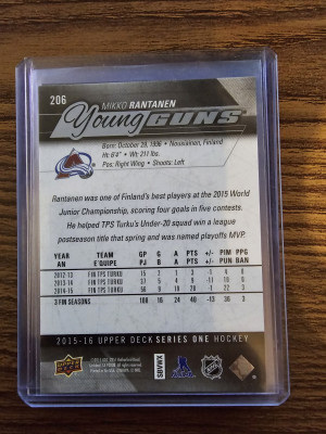 2015-16 Upper Deck Mikko Rantanen YG Young Guns Rookie RC #206 Avalanche back