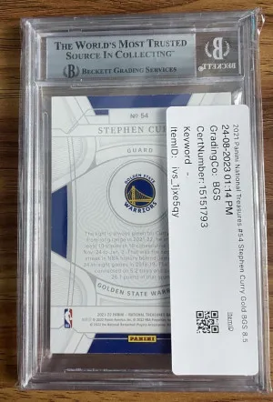 2021 National Treasures Stephen Curry Gold /10 BGS 9 #54 Warriors back