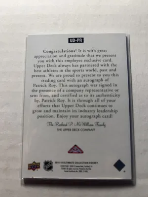 Patrick Roy 2018-19 Ultimate Collection Employee Exclusive Auto back